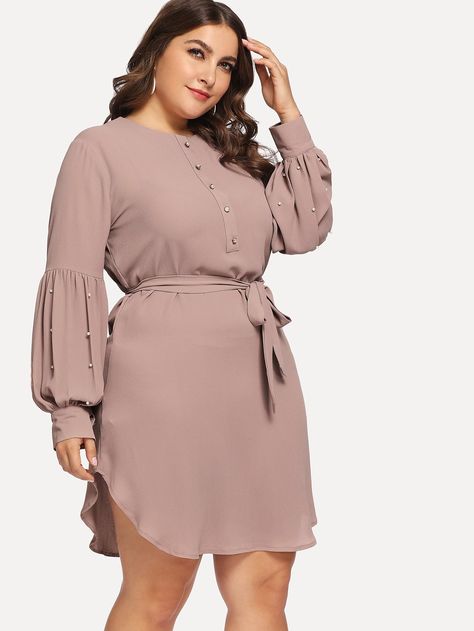 Plus Self Tie Beaded Curved Hem Dress | SHEIN USA Summer Outfits Big Stomach, Plus Size Summer Outfits Big Stomach, Big Stomach, Plus Size Summer Fashion, Big Size Dress, Plus Size Summer Outfits, Flattering Outfits, Short Gowns, Classy Dress Outfits