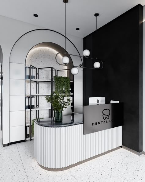 Clinic Front Desk Design, Black And White Reception Desk, Black And White Clinic Interior Design, Black Front Desk, Simple Clinic Interior Design, Black And White Dental Clinic, Salon Interior Design Black And White, Clinic Front Design, Modern Dental Clinic Design