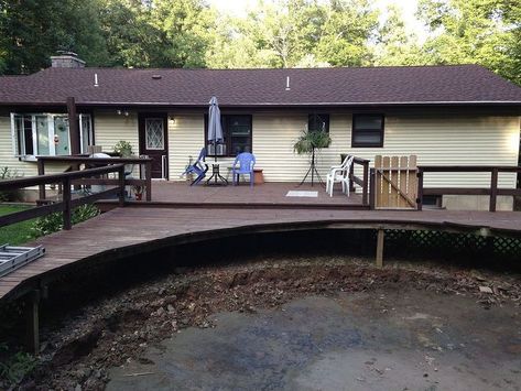 Swimming Pool Removal, Ground Deck, Decks Around Pools, Backyard Upgrades, Sunken Fire Pits, Deck Fire Pit, Pool Renovation, Above Ground Pool Decks, Above Ground Swimming Pools