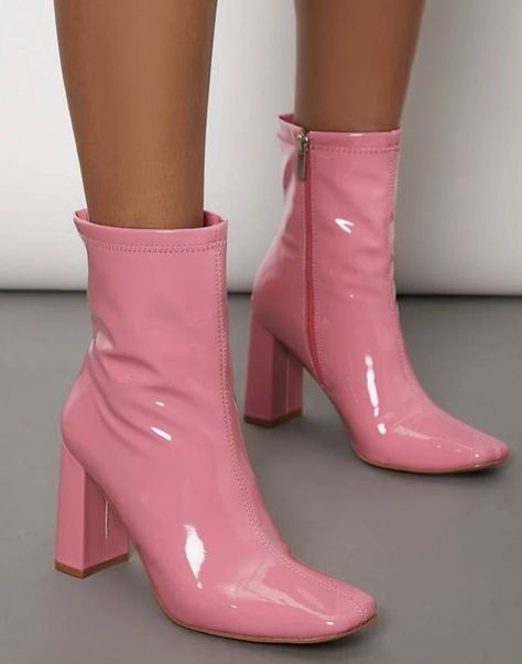 Pink Gogo Boots Outfit, Hslot Shoes, Ankle Gogo Boots, Pink Gogo Boots, Barbie Core Outfit, Pink Ankle Boots, Ankle Boots Pointed Toe, Medium Heel Shoes, Boots Mid Calf