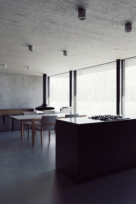 Exposed concrete ceiling/soffit Project Architecture, Kitchen And Dining Area, Concrete Light, Concrete Ceiling, Small Farmhouse, Exposed Concrete, Concrete House, Courtyard House, Roof Light