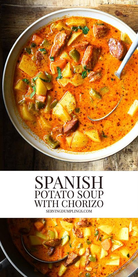 Spanish Chorizo And Potato Soup, Spicy Chorizo Soup, Spanish Chorizo Soup, Chorizo Soup Slow Cooker, Spanish Potato Soup With Chorizo, Chorizo Kale Soup, Chorizo And Potato Soup, Chorizo Sausage Soup, Chicken Chorizo Soup