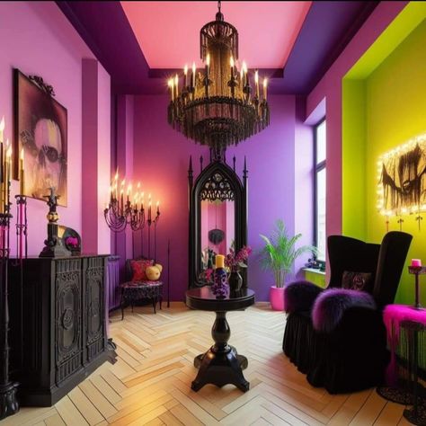 Pink Goth Interior Design, Pastel Goth Interior Design, Pastel Gothic Home Decor, Eccentric Interior Design, Eccentric Interior, Goth Interior Design, Goth Living Room, Aesthetic 2025, Goth Interior