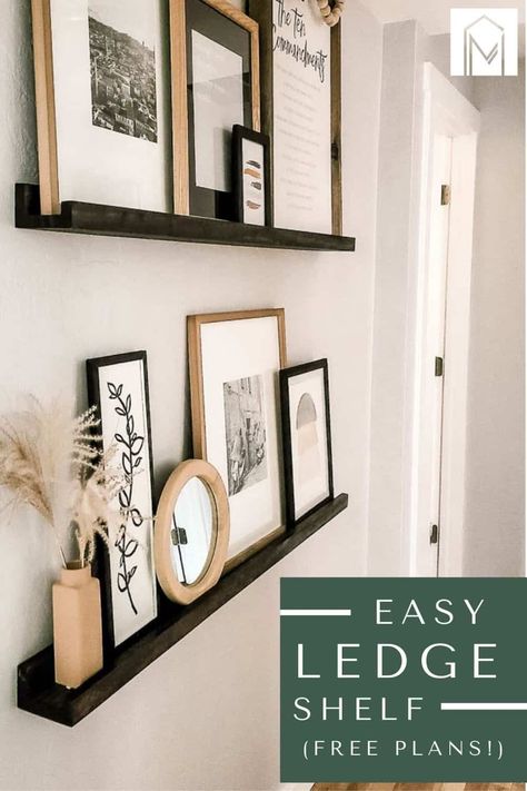 These modern looking ledge shelves are perfect for providing a space for these fun upcycled picture frames! Get inspire to build your own in this post! #easy #modern #shelf Black Picture Ledge Ideas, Shelf With Picture Frames, Photo Ledge Display, Diy Picture Ledge, Home Decor Diy Ideas, Ledge Shelves, Decor Diy Ideas, Ledge Shelf, Picture Shelves