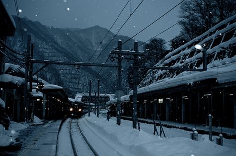 Snowy trainstation Train Wallpaper, Dark Winter, Winter Wallpaper, Snowy Mountains, Beautiful Sights, White Picture, Train Rides, Train Travel, Magical Places