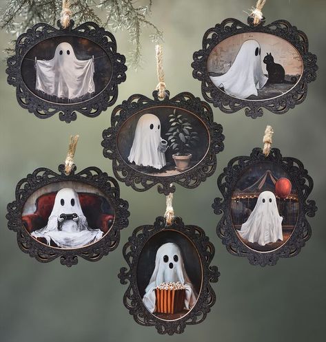 Celebrate love with unique Santos decorations inspired by Dia De Los Muertos themes. Explore creative shrine box ideas perfect for honoring loved ones! Ghost Portrait Painting, Ghost Portrait, Wood Ghost, Dark Academia Halloween, Portrait Ornaments, Ghost Paintings, Scary Movie Night, Ghost Painting, Ghost Gifts