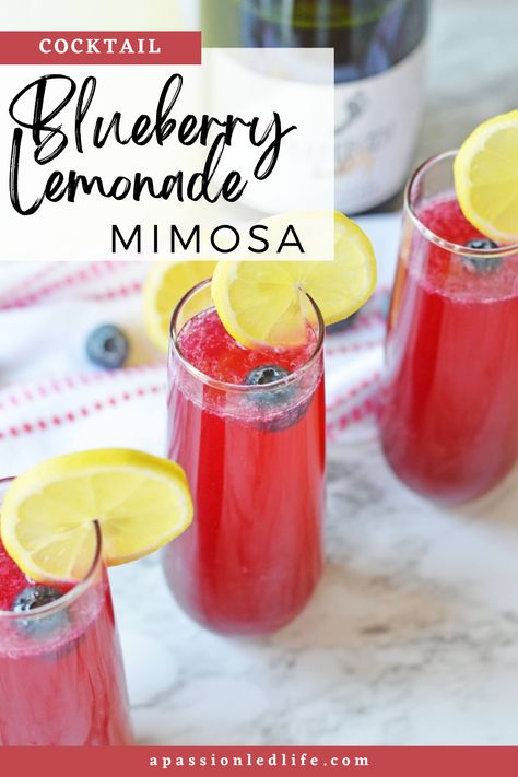 Blueberry Lemonade Mimosa is made with frozen blueberries, lemonade, and sparkling wine. It's the perfect cocktail for spring and summer brunches Blackberry Mimosa Recipe, Mimosa By The Pitcher, The Best Mimosa Recipe, Lemon Blueberry Mimosa, Blueberry Wine Cocktail, Lemosa Recipe, Fun Mimosa Recipe, Blueberry Mimosa Recipe, Mimosa Flavor Ideas