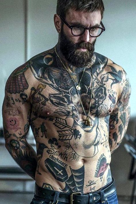 Man With Tattoos, Ricki Hall, Sanskrit Tattoo, Cool Hairstyles For Men, Beard Tattoo, Inked Men, Wearing Glasses, Tattoo Trends, Old School Tattoo