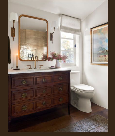 Half Bathroom Wood Floor, Dark Wood Floor Bathroom, Dark Wood Bathroom Floor, Amber Lewis Bathroom, Anthropologie Bathroom Inspiration, Bathroom Dark Wood Vanity, Dark Wood Bathroom Vanity, Colonial Style Bathroom, Anthropologie Bathroom