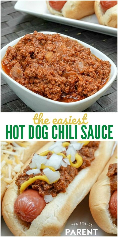 Homemade Hot Dog Chili Recipe - This easy to make recipe is so versatile! You can serve this simple chili sauce on hot dogs, hamburgers, french fries, and even tator tots! You might even have all of the ingredients in your kitchen now! Homemade Hot Dog Chili Recipe, Chili Hotdogs, Easy Hot Dog Chili, Hot Dog Chili Sauce Recipe, Homemade Hot Dog Chili, Chili Dog Sauce, Chili Dog Chili Recipe, Simple Chili, Hot Dog Sauce Recipe