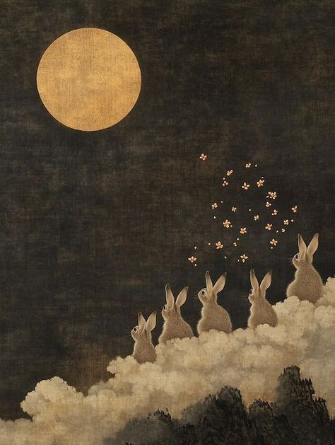 Enchanting Fairytale Bunnies Under Full Moon Custom Canvas Print | Song Dynasty Gongbi Art | Dreamy Home Decor | Whimsical Digital Download by CustomCanvasCurators Check out this stunning new artwork 'Fairytale Bunnies under a Full Moon' inspired by the intricate Gongbi technique of the Song Dynasty! 🎨🌕 Immerse yourself in the whimsical world of rabbit folklore and moonlit landscapes. It's a visual feast and a narrative canvas that'll transport you to a serene and magical ambience. Dive int... Rabbit Moon Art, Dreamy Art Style, Whimsical Fantasy Art, Vintage Moon Art, New Moon Art, Moon And Rabbit, Fairytale Drawings, Astrological Art, Moon Digital Art