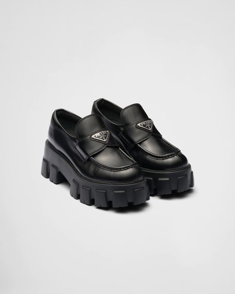 Black Brushed leather Monolith loafers | Prada Prada Loafers Women, Loafers With Jeans, Prada Monolith, Prada Clothing, Prada Loafers, Loafers Women, Dr Shoes, Shoe Wishlist, Chunky Loafers