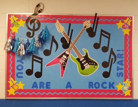 You Are A Rock Star! Rock N Roll Bulletin Board Ideas, Rock Star Bulletin Board, Rock And Roll Bulletin Board Ideas Back To School, Rock Star School Theme, Rock And Roll Classroom Transformation, Rock Star Theme, Stars Classroom, Elementary Music Classroom, Preschool Arts And Crafts