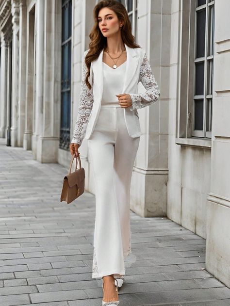 Women Autumn And Winter Lapel Lace Stitching Long Sleeve White Suit Jacket And White Flared Pants Autumn Suit.   Office Wear Women Set.  Business Casual Women.   Teacher Clothes White Elegant    Colorblock,Plain  Slight Stretch  Women Clothing, size features are:Bust: ,Length: ,Sleeve Length: White Lace Suit, Woman Suit Fashion Classy, Formal Pant Suits For Women, Casual Wedding Outfit, Formal Pant Suits, White Pantsuit, Lace Suit, Pant Suits For Women, Office Wear Women