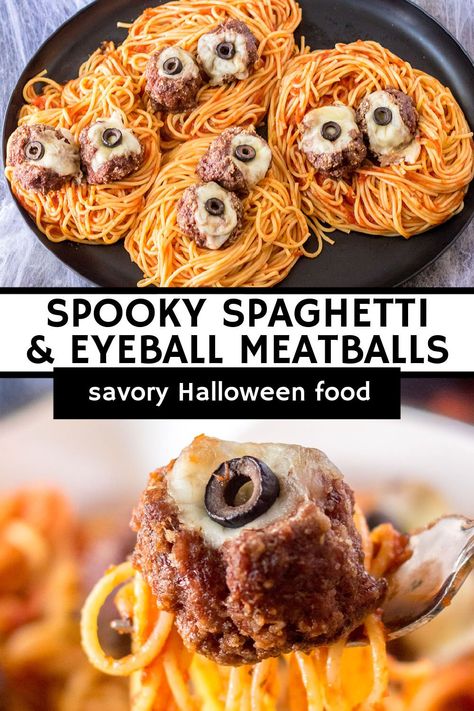 Pasta Halloween Food, Halloween Themed Spaghetti, Gross Halloween Dinner Ideas, Spooky Spaghetti And Meatballs, Meatball Eyeballs Halloween, Halloween Pasta Recipes, Halloween Spaghetti And Meatballs, Eyeball Spaghetti, Eyeball Pasta