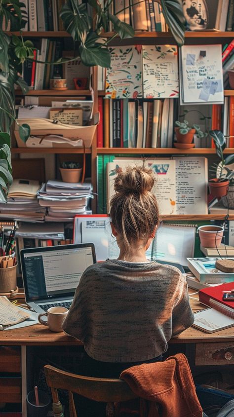 Cozy Study Session: A person engages in focused work at a #cluttered desk surrounded by books and greenery. #studysession #booklover #greenery #workspace #tech #creativity #digitalart #stockcake ⬇️ Download and 📝 Prompt 👉 https://stockcake.com/i/cozy-study-session_367519_515155 Creative Office Aesthetic, Cozy Workspace At Home, Office Worker Aesthetic, Writer Workspace, Counseling Aesthetic, Working From Home Aesthetic, Cozy Study Aesthetic, Vision Board Study, Cosy Study