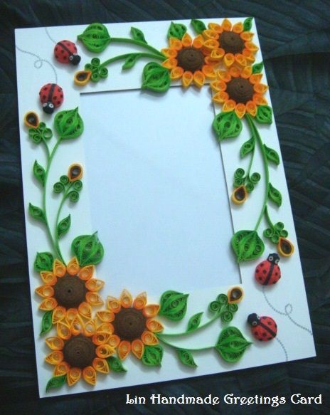 Lin Handmade Greetings Card: Quilled Sunflower photo frame Quilling Photo Frames, Owl Embroidery, Paper Quilling Flowers, Paper Quilling Cards, Quilling Work, Quilling 3d, Paper Quilling Patterns, Sunflower Photo, Quilled Creations