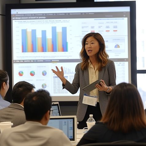 Business Presentation Success: Confident businesswoman presenting colorful data charts to attentive colleagues during an engaging corporate training session. #business #presentation #woman #training #corporate #data #graphs #charts #aiart #aiphoto #stockcake https://ayr.app/l/V9CE Confident Presentation, Confident Woman Pictures, Business Women Lifestyle, Vision Board Pictures Career, Woman Giving Presentation, College Presentation, Women Presenting, Corporate Success, Career Manifestation