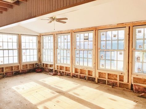 We Have Windows In The Sunroom!! - Liz Marie Blog Porch To Sunroom Conversion, Sunroom Conversion, Sunroom Window Ideas, Sunroom Window Treatments, Porch To Sunroom, Small Screened Porch, Sunroom Inspiration, Sunroom Windows, Cozy Sunroom