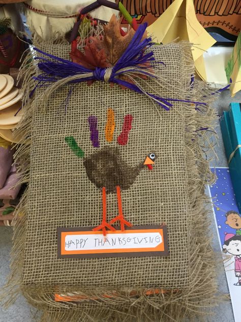 Turkey handprint on burlap Turkey Headband Craft, Kindergarten Thanksgiving Crafts, Pilgrim Crafts, Thanksgiving Crafts Decorations, Thanksgiving Crafts For Toddlers, Thanksgiving Kindergarten, Thanksgiving Turkey Craft, Thanksgiving Crafts Preschool, Turkey Handprint