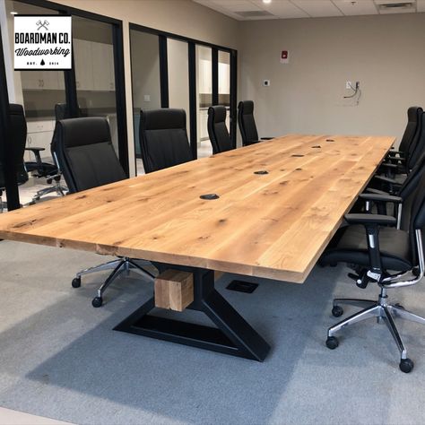 Rustic White Oak Conference table with inset power and networking. Rustic Conference Table, Dining Table Metal Base, Industrial Conference Table, Modern Conference Table, Wood Lumber, French Farmhouse Decor, Boardroom Table, Farmhouse Furniture, French Farmhouse