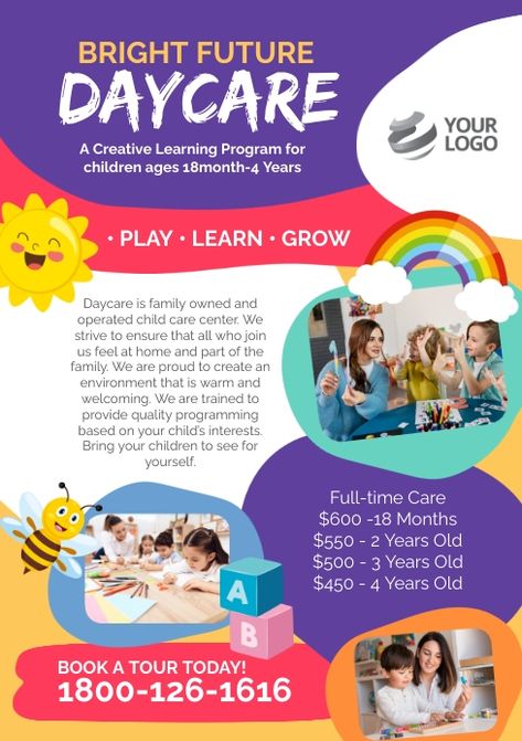 Design created with PosterMyWall Daycare Creative Ads, Daycare Poster Ideas, Preschool Flyer, Daycare Flyer, Childcare Facility, Babysitting Flyers, Daycare Setup, Toddler Daycare, Home Childcare