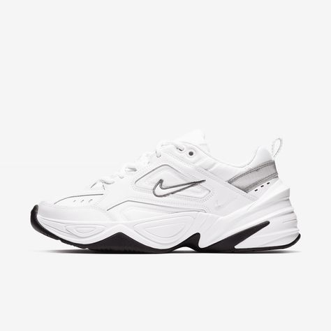 The Nike M2K Tekno Shoe draws inspiration from the Monarch franchise and pushes it into today with a futuristic heel counter and plush tongue for additional comfort. Nike Summer Shoes, Cute Running Shoes, Nike M2k, Pretty Shoes Sneakers, Trendy Shoes Sneakers, Mode Zara, White Nike Shoes, Shoes Heels Classy, White Shoes Sneakers