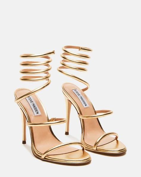 EXOTICA GOLD LEATHER | Steve Madden (US) Gold Wrap Heels, Hoco Heels, Homecoming Heels, Homecoming Shoes, Backless Homecoming Dresses, Gold Strappy Heels, Formal Heels, Silk Maxi Skirt, Boot Jewelry