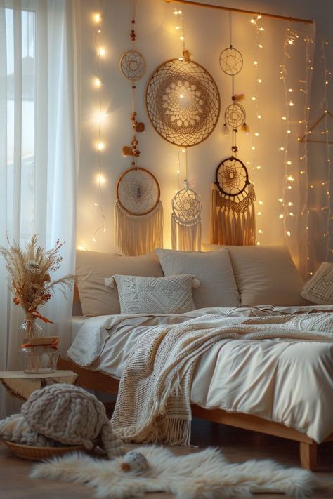 29 Dreamy Scandi Boho Girls Bedroom Ideas to Inspire Sweet Dreams 3 Dream Catcher Bedroom Ideas, Tv Stand Alternatives, Dreamy Girls Bedroom, Boho Girls Bedroom, Dream Catcher Bedroom, Designer Wall Clock, Boho Chic Bedding, Magical Elements, Dreamy Atmosphere