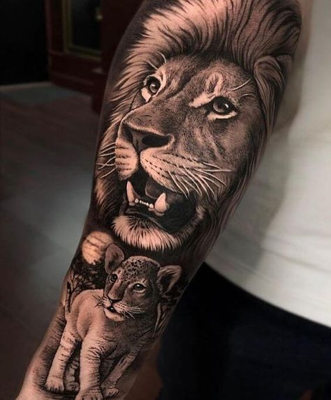 15+ Cool Lion Tattoo Designs Lion Cub Tattoo, Lion And Lioness Tattoo, Cub Tattoo, Lioness Tattoo Design, Natur Tattoo Arm, Lion Shoulder Tattoo, Lion Forearm Tattoos, Cubs Tattoo, Lion Lioness