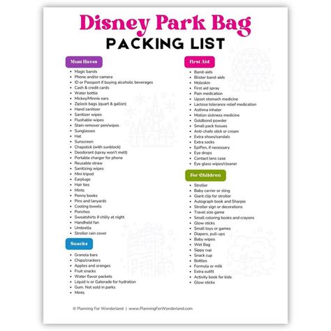 The Ultimate Disney World Park Bag Packing List Wdw Packing List, Disney Park Bag Packing Lists, Disney World Park Bag, Theme Park Packing List, Disney World Packing List 2024, Disney Essentials Packing Lists, Packing List For Disney World, Disney Park Bag Essentials, Disney World Essentials