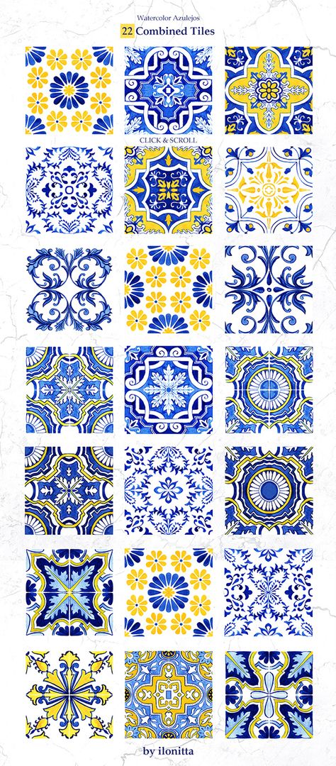 Portuguese Azulejos. Watercolor Tiles & Patterns on Behance Azulejos Tiles, Portuguese Azulejos, Moroccan Tiles Pattern, Tile Design Pattern, Mediterranean Tile, Portuguese Tile, Portuguese Tiles, Arte Sketchbook, Tile Art