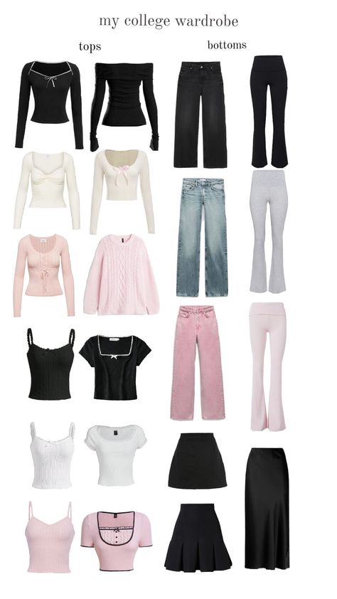 #college #essentials #wardrobe #aesthetic #original #pink #black #white Black Pink White Outfit, Dream Wardrobe Clothing Aesthetic, College Outfit Essentials, Capsule Wardrobe For College, Capsule Wardrobe Pink, All Black Capsule Wardrobe, College Clothing Essentials, Fun Capsule Wardrobe, Wardrobe Essentials Aesthetic