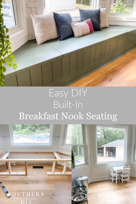 Kitchen Nook Bench With Storage, Window Bench Seat Depth, Kitchen Bay Window Storage Ideas, Diy Bench Seat With Storage Dining Room, Storage Bench Bay Window, Diy Bay Window Bench With Storage, How To Build Window Seat, Diy Built In Seating, Build Breakfast Nook Bench