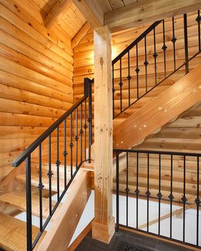 Traditional Staircase Design Ideas, Pictures, Remodel and Decor Log Home Staircase Ideas, Log Railings For Stairs, Log Cabin Loft Railing Ideas, Hog Panel Stair Railing Interior, Log Cabin Stairs Staircases, Cabin Stairs, Stair Railing Kits, Log Home Interior, Rustic Staircase