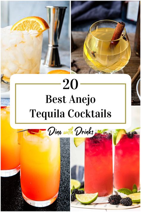 Collage of 4 anejo tequila cocktails. Party Tequila Shots, Tequila Añejo Drinks, Deleon Tequila Cocktails, Anejo Tequila Drinks, Tequila Brunch Cocktails, Don Julio Anejo Drinks Recipes, Tequila Anejo Cocktails, Anejo Tequila Cocktails Recipe, Reposado Tequila Cocktails