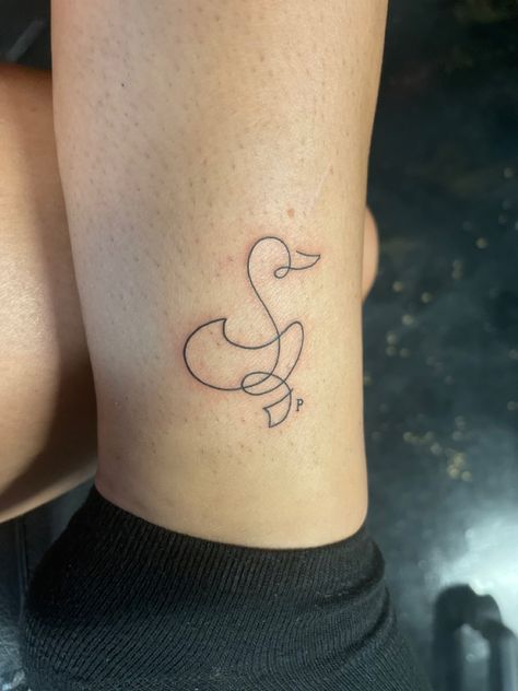 minimalist tattoo | duck tattoo | tiny tats | dainty tattoo | fine line tattoo Duck Tattoos Small Simple, Lil Duck Tattoo, Minimalistic Duck Tattoo, One Line Duck Tattoo, Simple Rubber Duck Tattoo, Duck And Goose Tattoo, Cute Duck Tattoo Ideas, Duck Silhouette Tattoo, Dainty Duck Tattoo