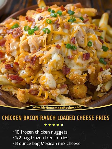 Homemade recipes | Chicken Bacon Ranch Loaded Cheese Fries | Facebook Chicken Bacon Ranch Loaded Fries, Loaded Cheese Fries, Frozen Chicken Nuggets, Burger Dogs, Frozen French Fries, Loaded Fries, Chicken Bacon Ranch, Bacon Ranch, Cheese Fries