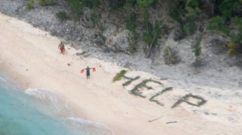 Sailors spell out "help" with palm fronds Spelling Help, Coast Guard Rescue, Uninhabited Island, Lord Of The Flies, Robinson Crusoe, Navy Aircraft, Us Coast Guard, Remote Island, Desert Island