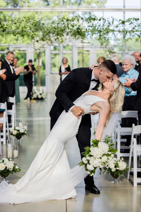 Kiss Halfway Down Aisle, Recessional Kiss, Recessional Photos, Ceiling Greenery, Summer Greenhouse, Type A Personality, Wedding Recessional, Wedding Photography Shot List, Wedding Ceremony Pictures