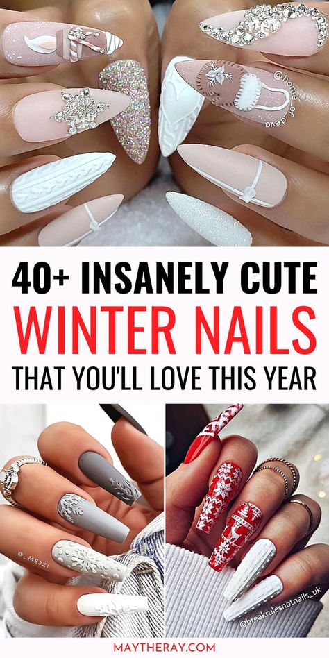 Winter Acrylic Nail Designs Coffin, Sweater Nails With Bling, Coffin Shape Nails Winter, Winter Nail Inspo Coffin, Ombre Xmas Nails, Winter Nail Designs Coffin Shape, Ballerina Winter Nails, Gel Nail Winter Designs, Pink Snowflake Nails Short