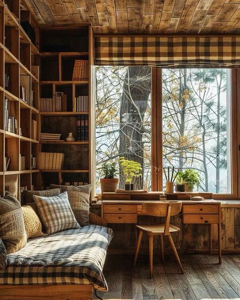 Home Office Country Style, Cozy Office With Couch, Rustic Cabin Office, Cozy Home Office With Couch, Writing Room Ideas, Rustic Office Space, Small Cabin Office, Daybed In Office, Rustic Daybed