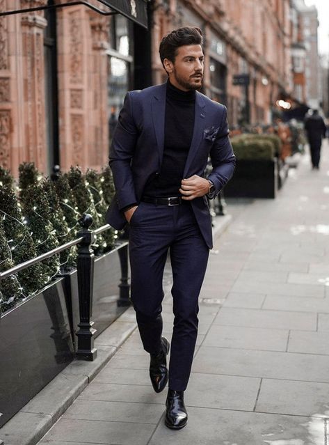 cocktail attire: navy blue suit with a black chelsea boots Chase Everett, Suit Without Tie, Western Wedding Outfits, Tan Brown Shoes, Tweed Wedding Suits, Blazer Outfits Men, Black Suit Men, Casual Menswear, Suits Wedding