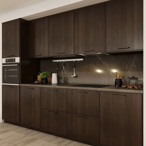 Ikea Ekestad, Dark Wood Kitchen Cabinets, Trendy Kitchen Backsplash, Model Kitchen, Brown Kitchen Cabinets, Kitchen Ikea, Elegant Kitchen Design, Dark Wood Kitchens, Brown Kitchens