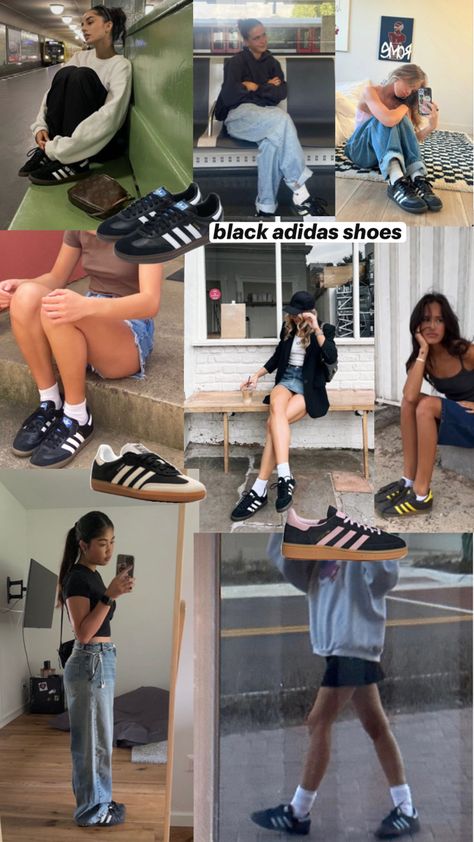 collage of black adidas shoes Black Adidas Shoes Outfit, Black Trainers Outfit, Adidas Samba Black Outfit, Black Adidas Outfit, Sambas Black, Black Adidas Sambas, Adidas Shoes Outfit, Sambas Adidas Women Outfit, Black Shoes Outfit