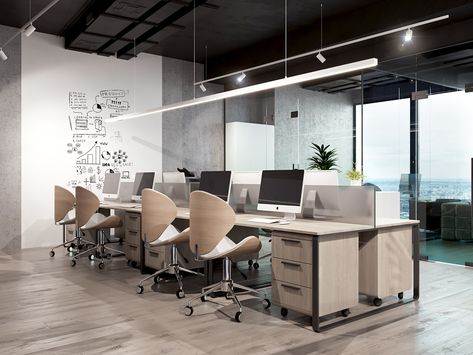 Modern Open Plan Office, Corporate Office Workstations Design, Small Open Office Layout, Office Staff Room Design, Scandinavian Interior Office, Small Office Space Design, Executive Office Design Interior, Loft Office Design, Lawyer Office Design