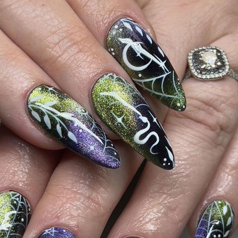 Heather Buzzell on Instagram: "🌙✨🌿SPRINGTIME MAGIC🌿✨🌙 . @luxapolish discount code: handittoheather to save 10% on your entire order 🖤🧡 . #nails #nail #nailsnailsnails #nails2inspire #nailsofinstagram #nailstagram #nailsoftheday #nailart #nailartist #nailtech #nailpolish #gelpolish #luxapolish #luxaaf #gelnails #acrylicnails #witch #spring #goth #moon #green #purple #black #love #grateful #spooky #manicure #naturalnails" Spooky Manicure, Witch Spring, Witch Nails, Punk Nails, Nails Nail, Black Love, Nail Artist, Nail Tech, Purple Black