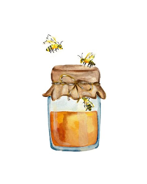 Print of a hand-painted, watercolor honey in a mason jar with bees. Great for kitchens, bedrooms, gallery walls, bar carts, dorm rooms, or gifts.  Design custom art and signage with this digital file. Honey Bee Sublimation, Bees Watercolor Painting, Watercolor Art For Kitchen, Mason Jar Art Paintings, Doodles With Watercolor, Honey Drawing Cute, Jar Of Honey Drawing, Honey Jar Drawing, Bee Design Art