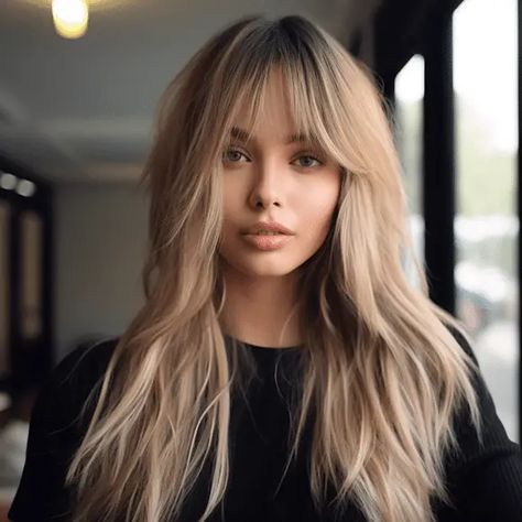 Long Bangs Fringe, Long Shag Hair With Curtain Bangs, Curtain Bangs Full Fringe, Long Fringe With Layers, Effortless Curtain Bangs, Blond Fine Hair Styles, Long Hair And Fringe Bangs, Loose Curtain Bangs Long Hair, Medium Lenght Hair With Long Layers And Curtain Bangs