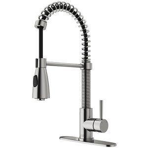 VIGO Brant Pull-Down Spray Kitchen Faucet With Deck Plate | Lowe's Canada Contemporary Kitchen Decor, Kitchen Design Styles, Stainless Kitchen Faucet, Kitchen Faucet With Sprayer, Retractable Hose, Black Kitchen Faucets, Kitchen Pulls, Single Handle Kitchen Faucet, Farmhouse Sink Kitchen